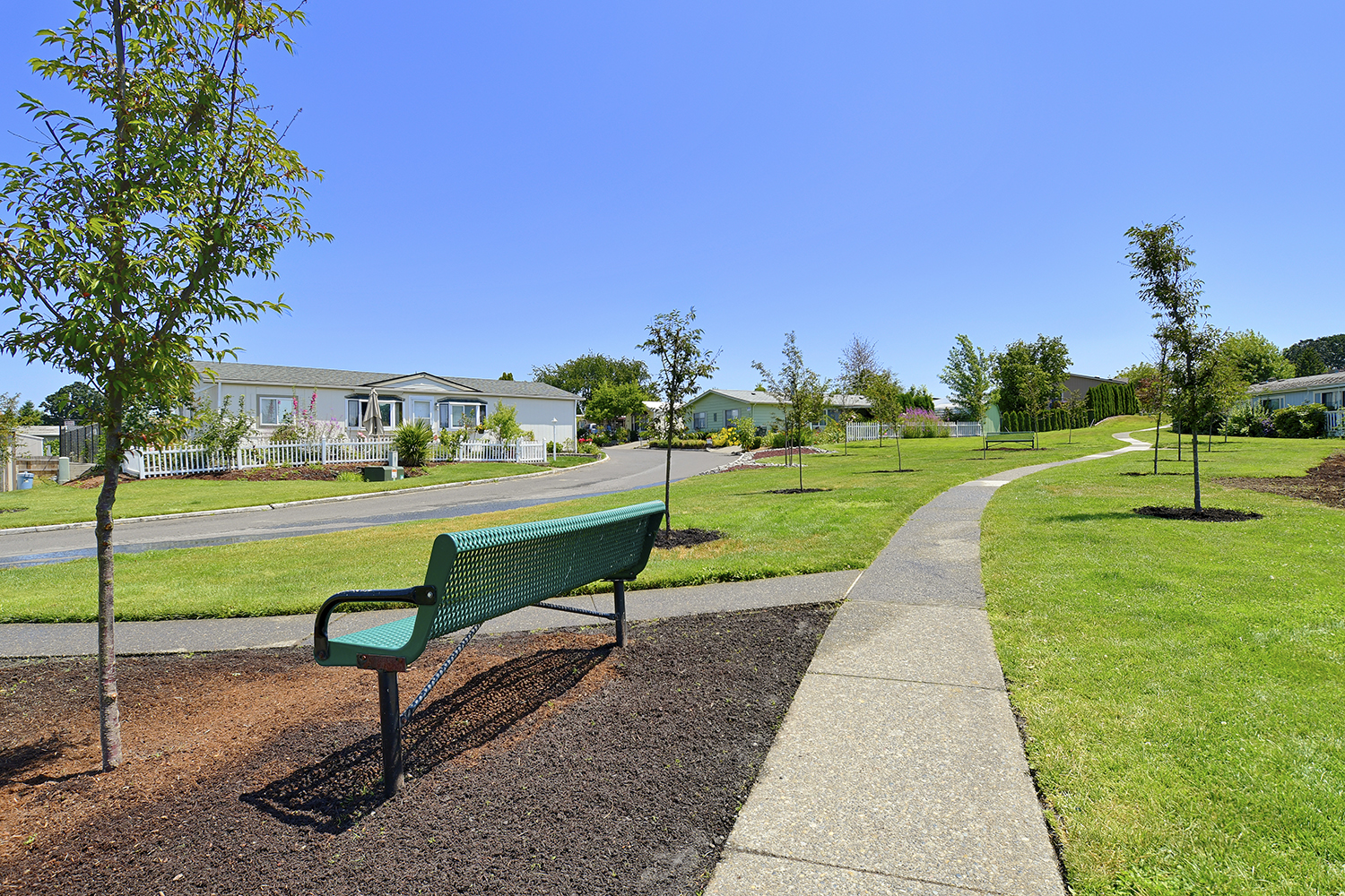 Clean paved walking paths through the community. Benches along the way.