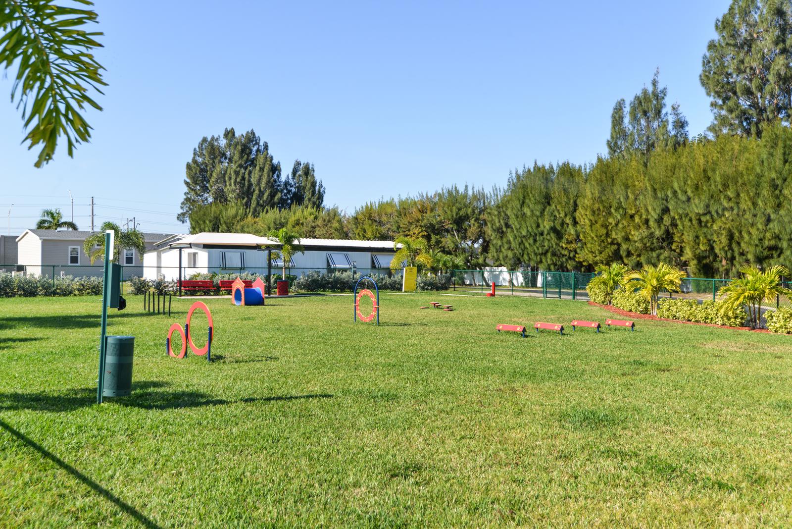 The pet park is enclosed for the pets to roam free and enjoy the agility course.
