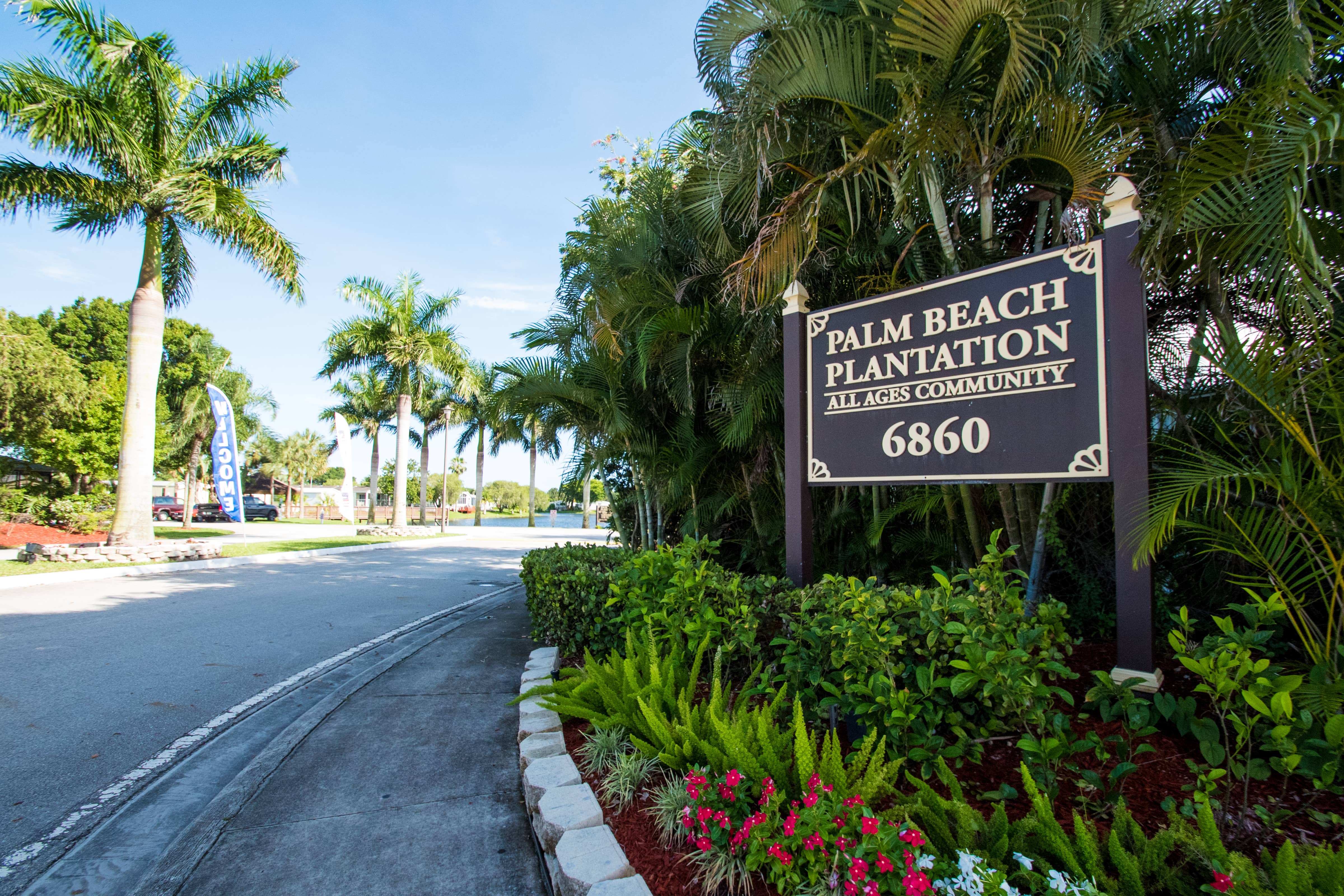 Palm Beach Plantation, an all ages community sign with colorful plants and lush shrubs around it. Palm trees grow behind the sign.