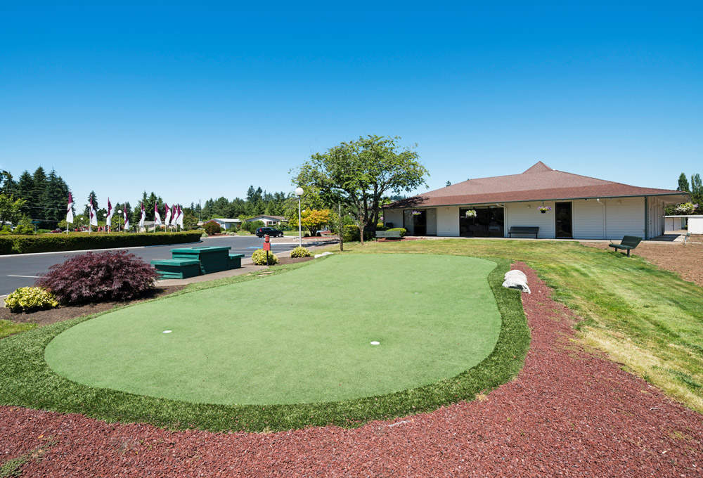 Small putting green outside with picnic table and benches.