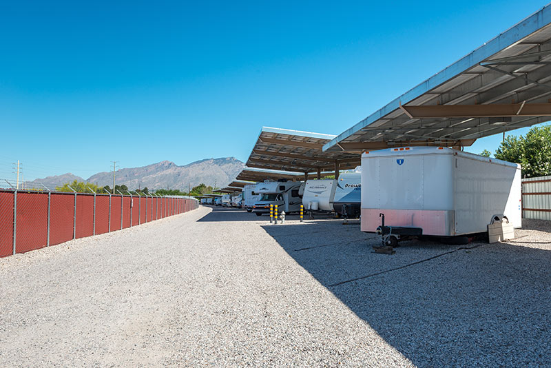 Large outdoor carport with multiple spaces for residents to park their RV's.