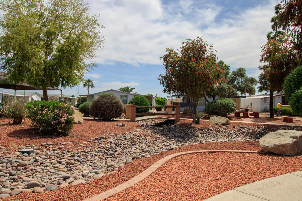 community grounds showing desert landscape with red rocks and white rocks in the middle flowing like a river pattern